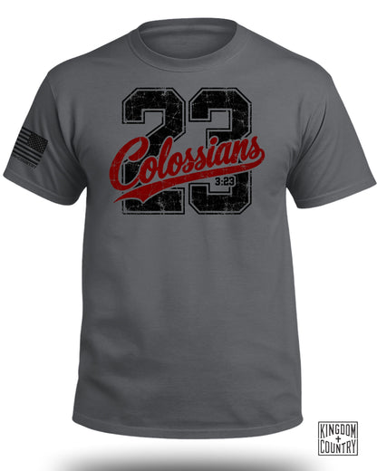 Gray t-shirt with "Colossians 3:23" graphic and American flag sleeve detail.