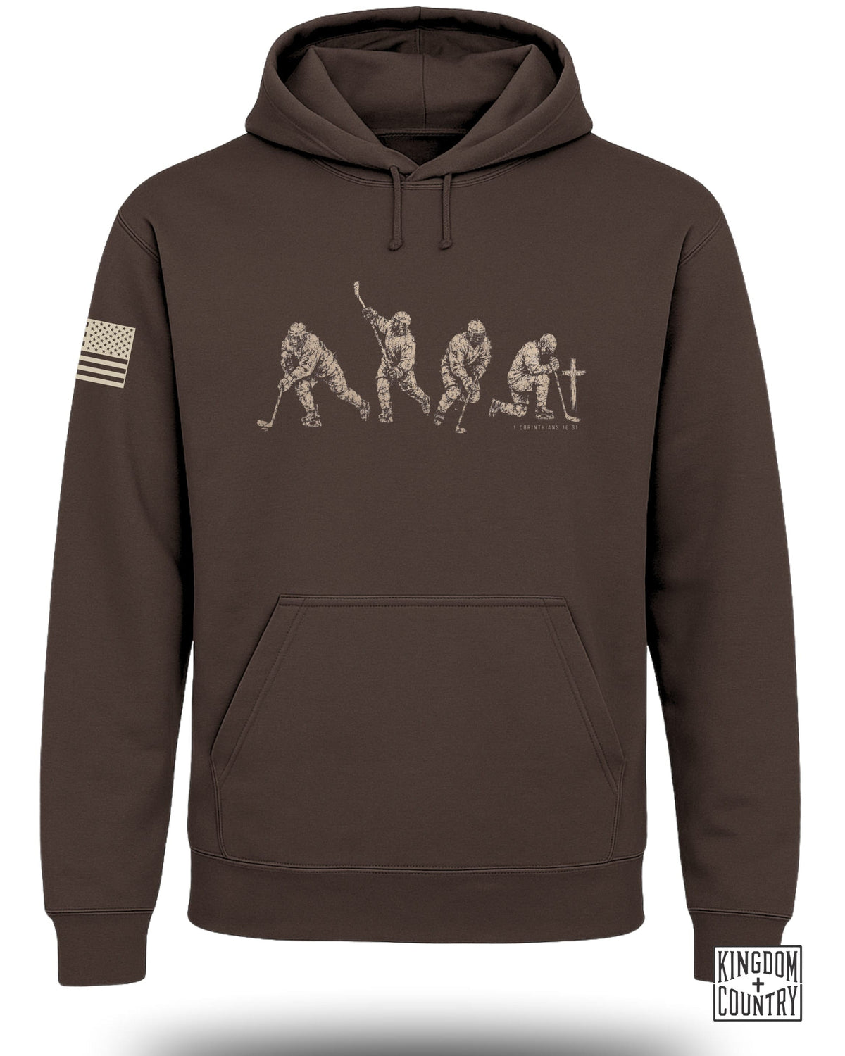 Brown hoodie with faded hockey player graphic and 1 Corinthians 10:31 text.