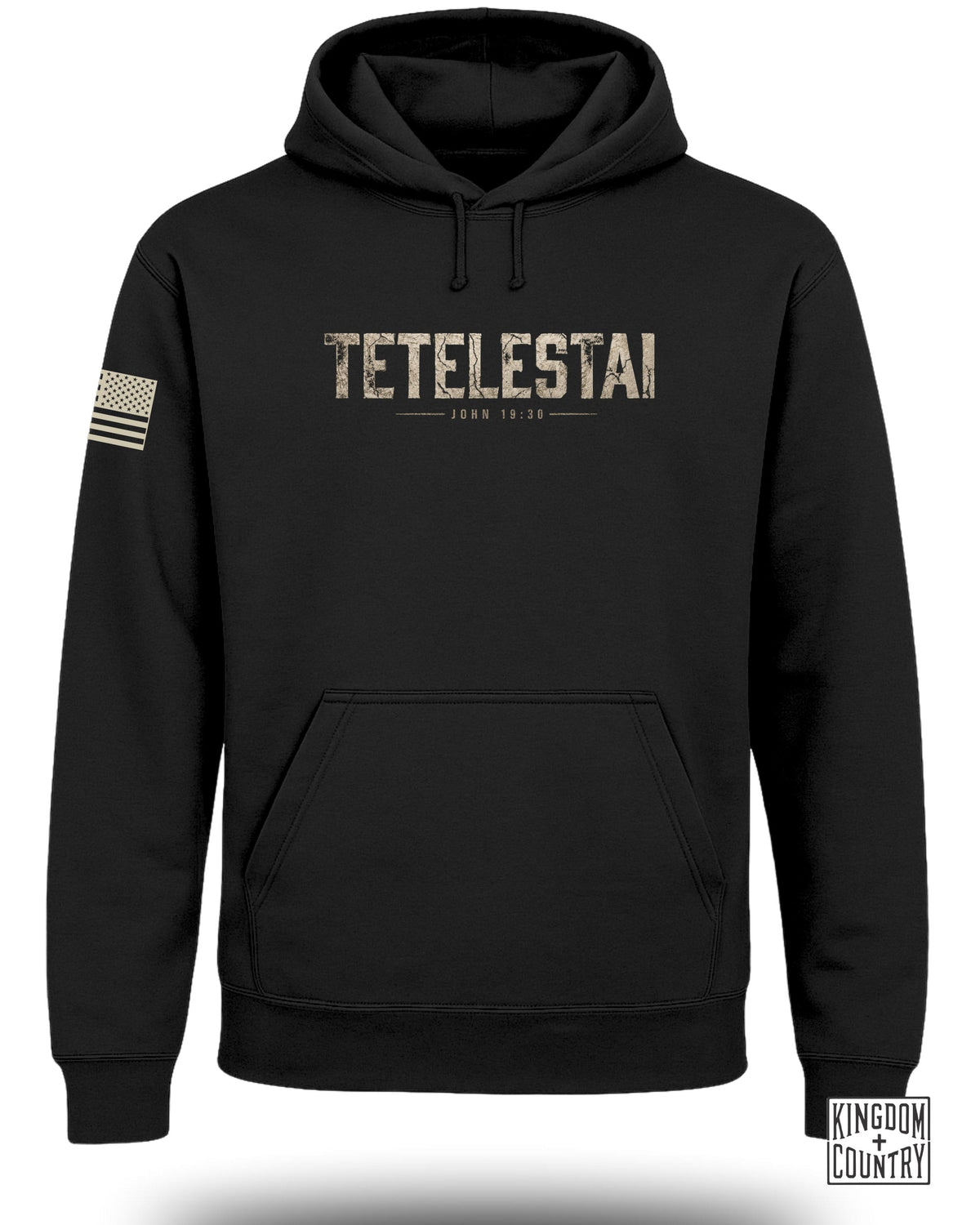Black hoodie with "TETELĒSTAI JOHN 19:30" text and US flag patch.