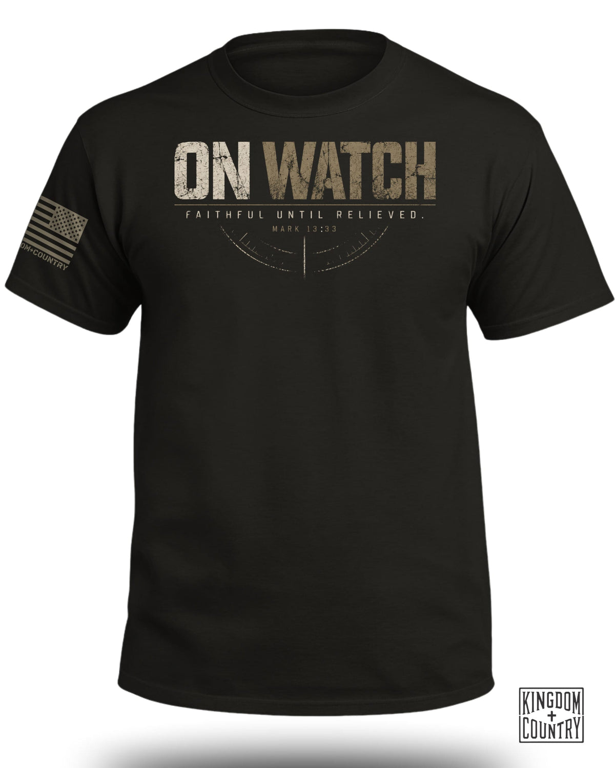 Black t-shirt with "ON WATCH" graphic and "Faithful Until Relieved" text.