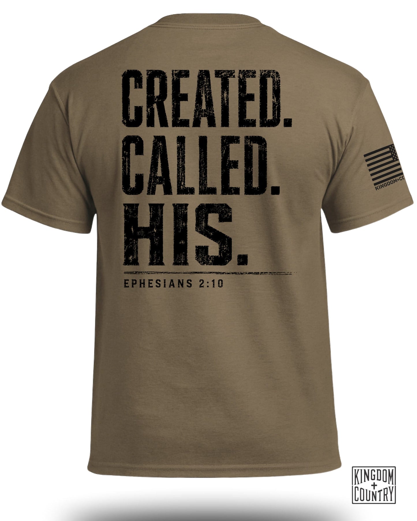 T-shirt with "CREATED. CALLED. HIS." text and Ephesians 2:10.