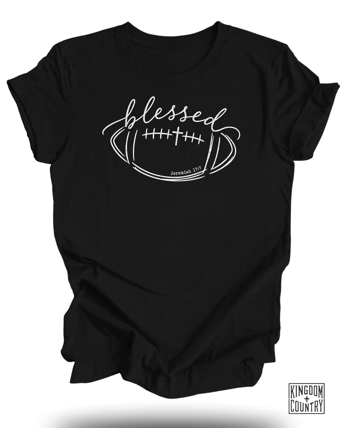 Black t-shirt with white "blessed" text over a football design with "Jeremiah 17:7".