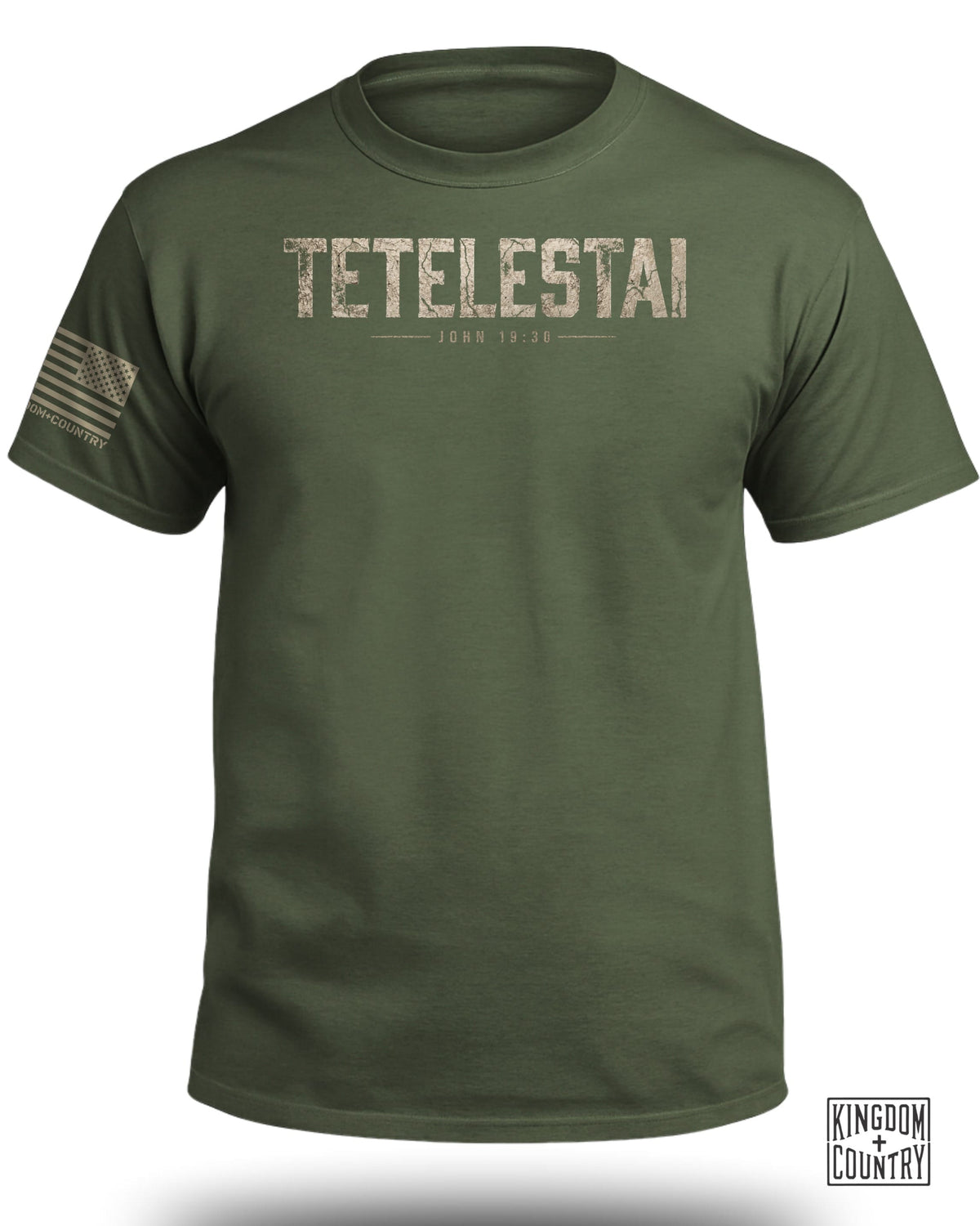 Olive green t-shirt with "TETELSTAI JOHN 19:30" and US flag on sleeve.