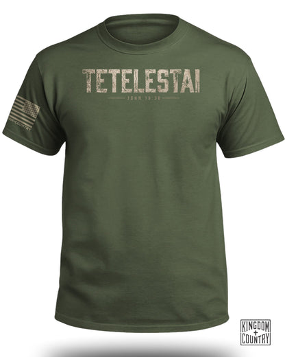 Olive green t-shirt with "TETELSTAI JOHN 19:30" and US flag on sleeve.