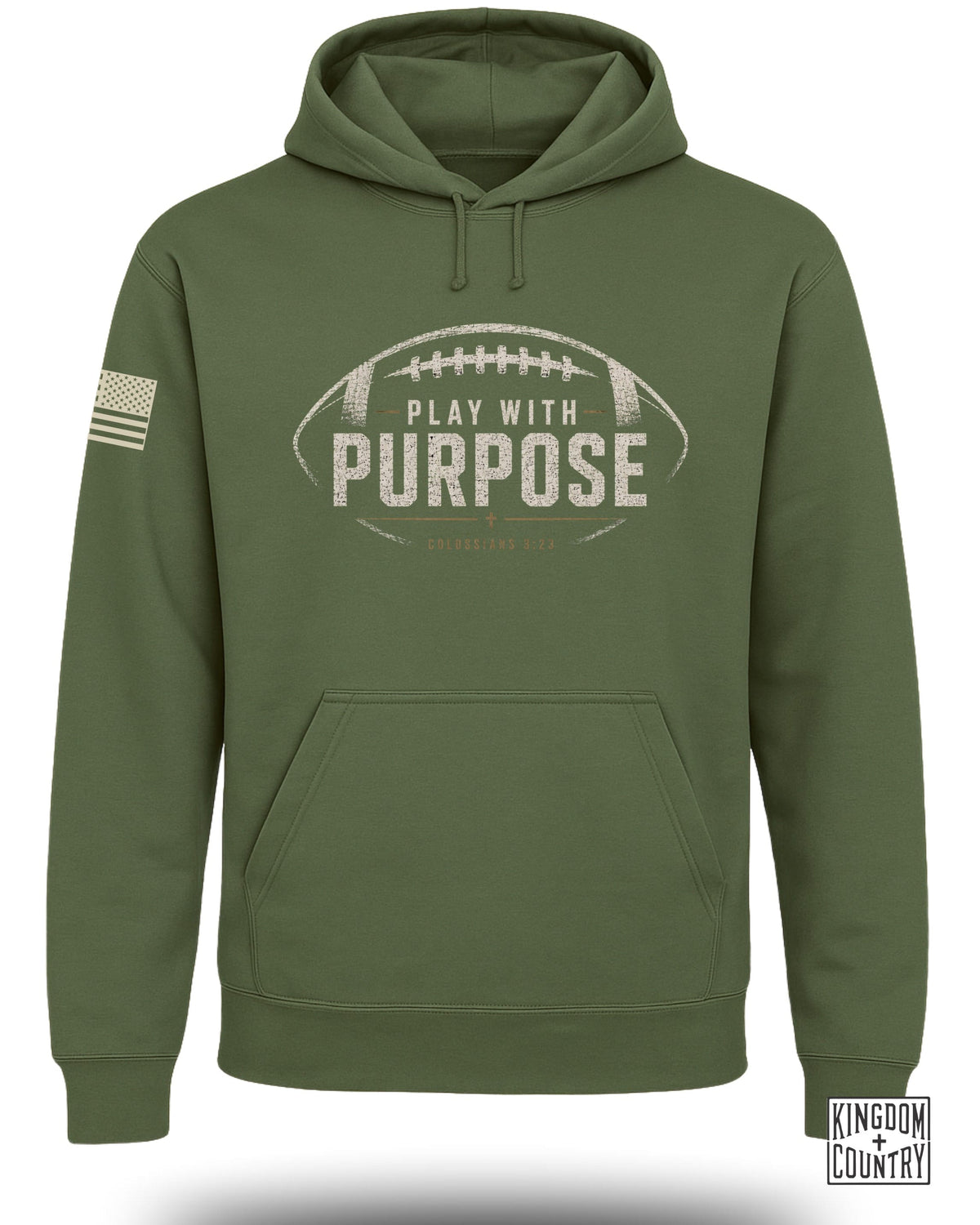 Green hoodie with football graphic and text "PLAY WITH PURPOSE" and "COLOSSIANS 3:23".