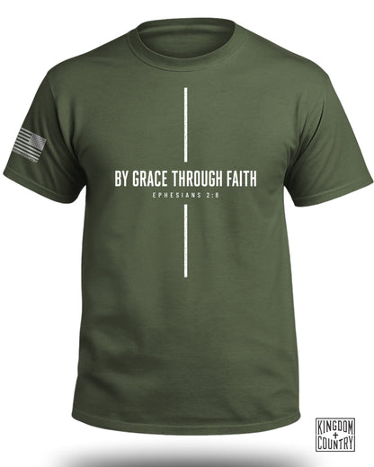 Green t-shirt with "BY GRACE THROUGH FAITH EPHESIANS 2:8" and American flag detail.