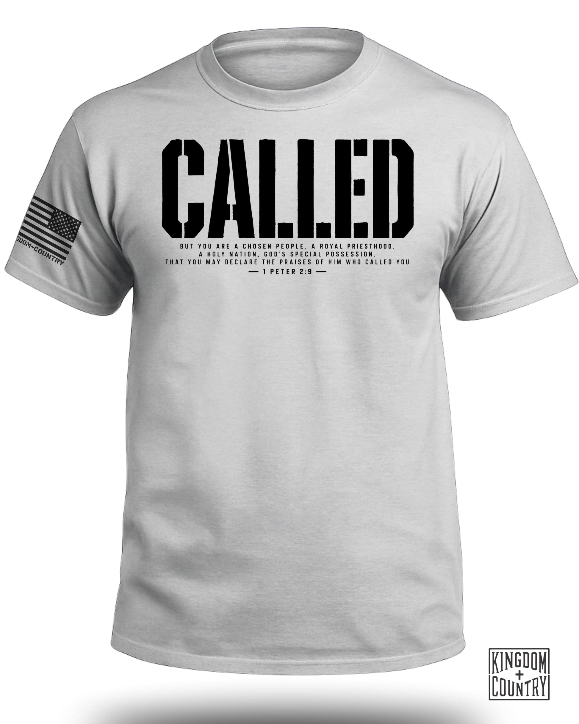 Gray t-shirt with "CALLED" and Bible verse 1 Peter 2:9.