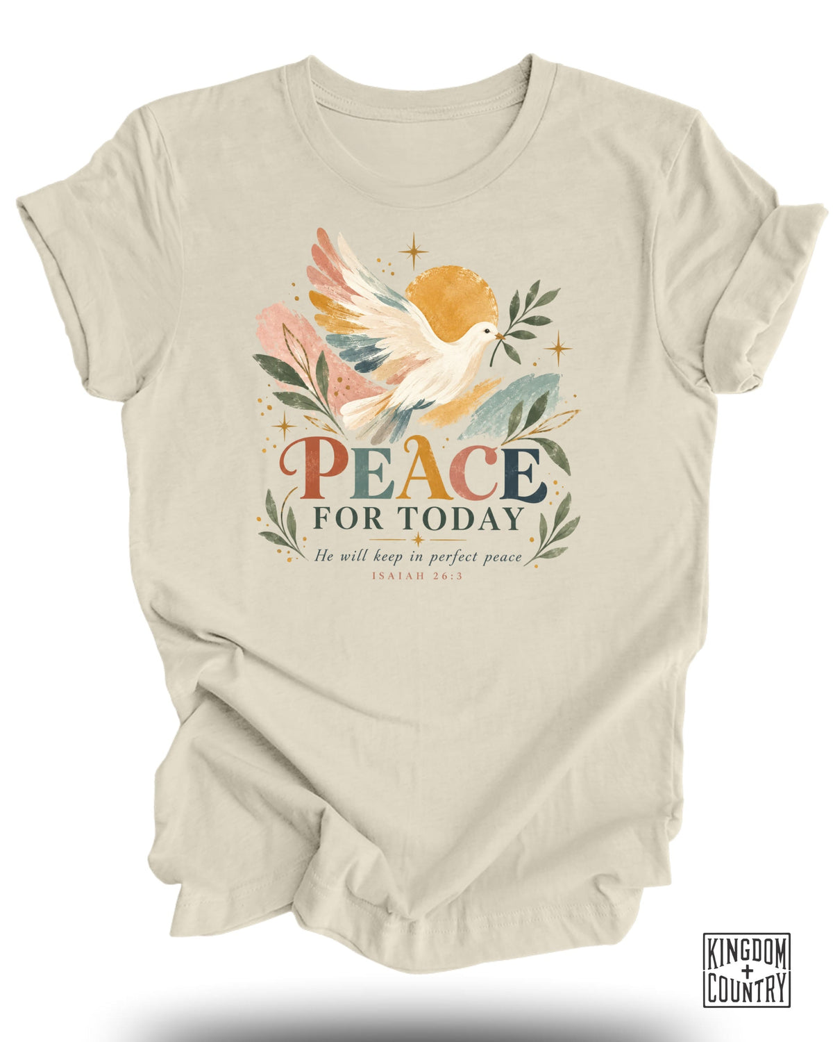 Cream t-shirt with watercolor dove, "PEACE FOR TODAY" and Isaiah 26:3.