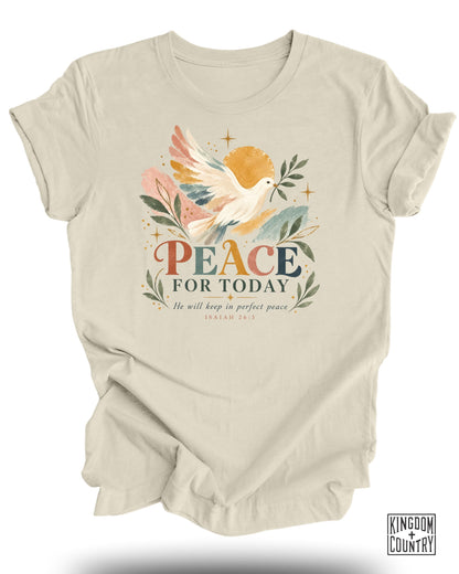 Cream t-shirt with watercolor dove, "PEACE FOR TODAY" and Isaiah 26:3.