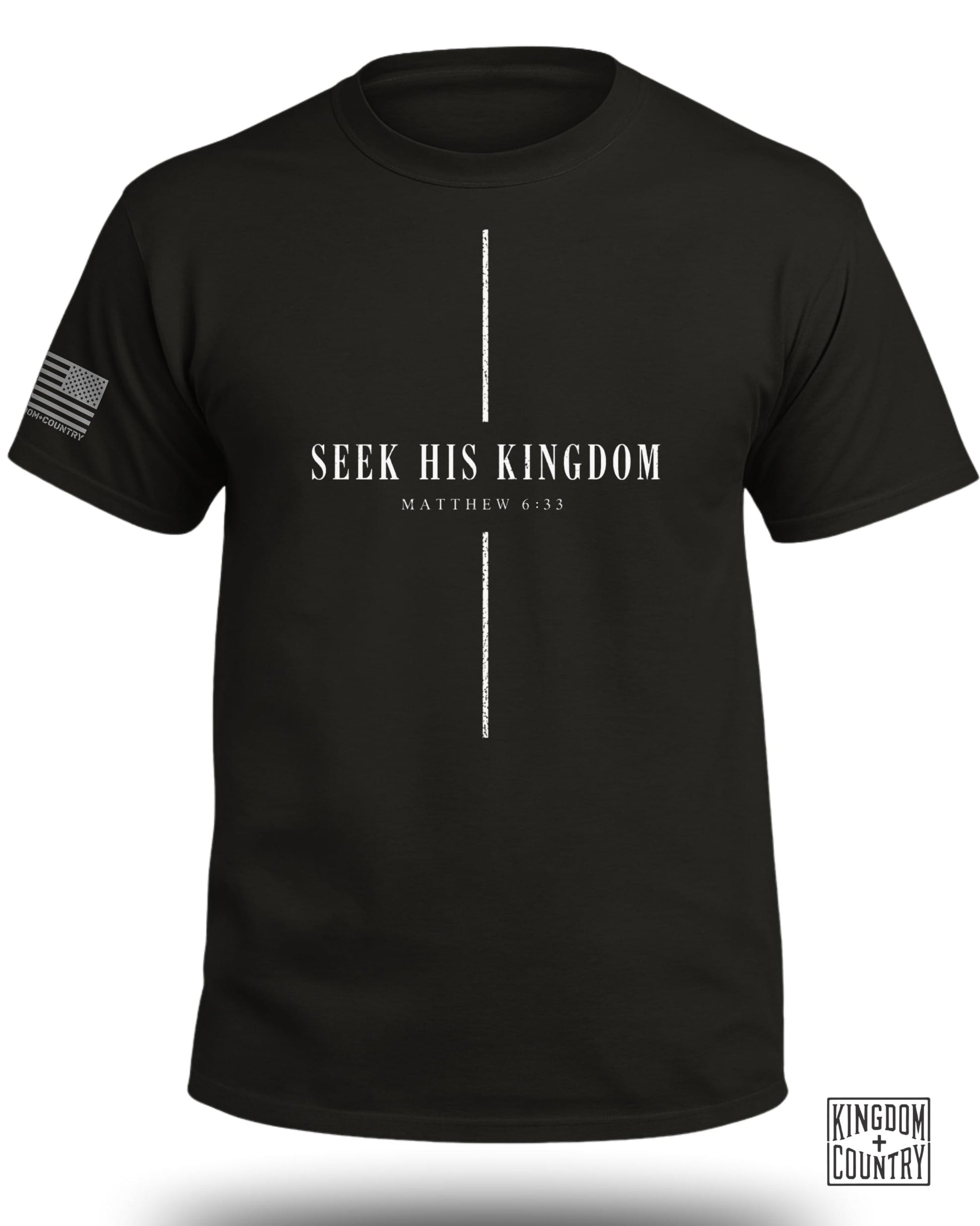 Black t-shirt with "SEEK HIS KINGDOM MATTHEW 6:33" graphic and an American flag patch.