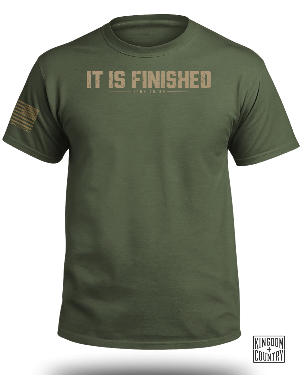 Olive green t-shirt with "IT IS FINISHED JOHN 19:30" and American flag graphic.