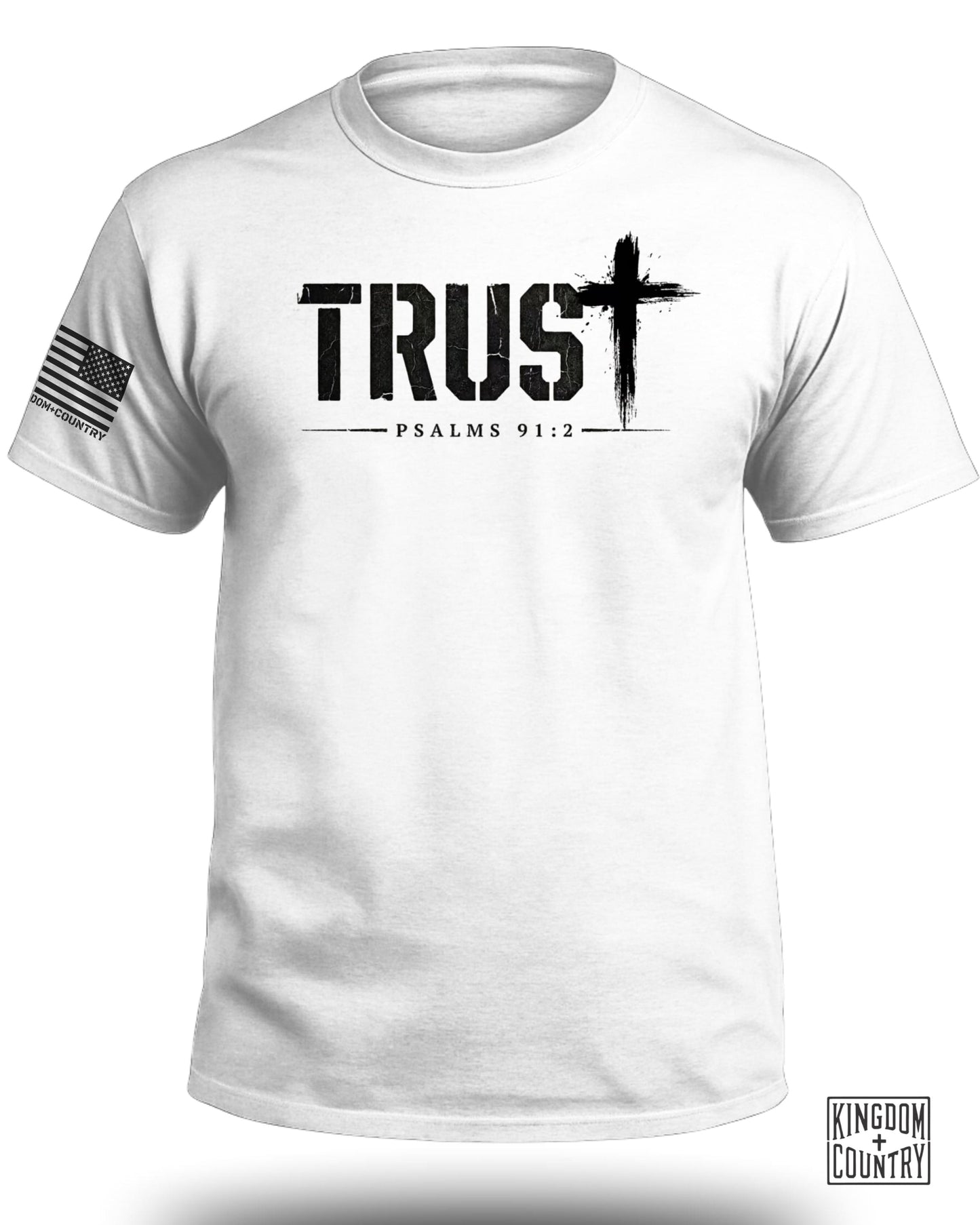 White t-shirt with "TRUST" text, a cross, "PSALMS 91:2", and American flag patch.