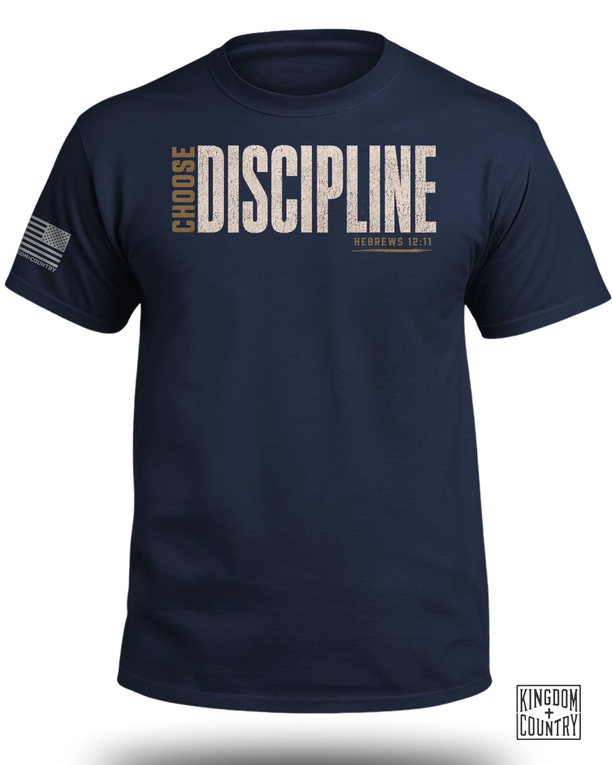 Navy t-shirt with "CHOOSE DISCIPLINE" and "HEBREWS 12:11" text; American flag detail.