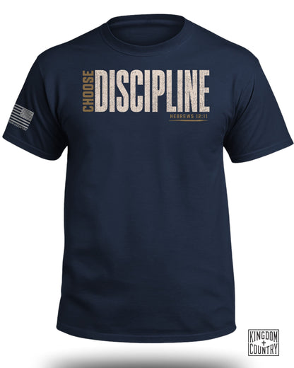 Navy t-shirt with "CHOOSE DISCIPLINE" and "HEBREWS 12:11" text; American flag detail.
