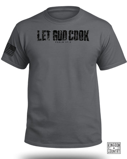 Grey t-shirt with "LET GOD COOK" and "PSALM 37:5" text, US flag sleeve patch.
