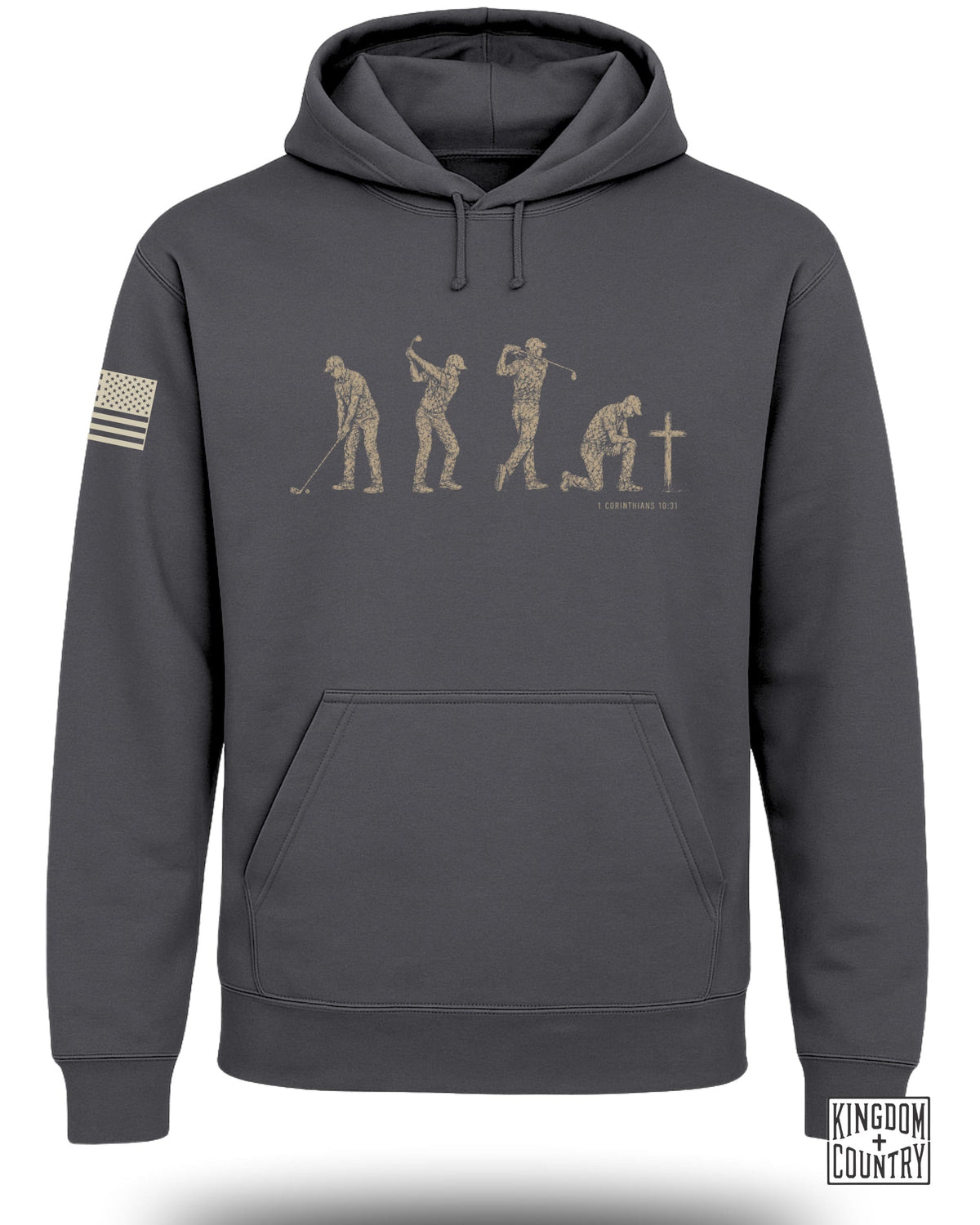 Dark gray hoodie with graphic of golfer's evolution and cross with scripture.