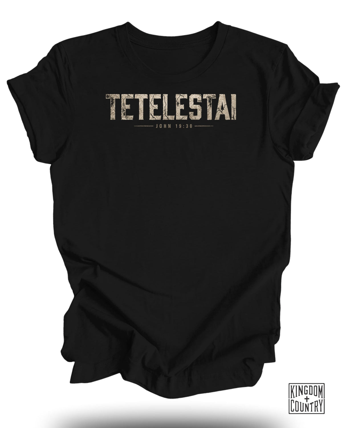 Black t-shirt with "TETEL ESTAI JOHN 19:30" text in distressed font.