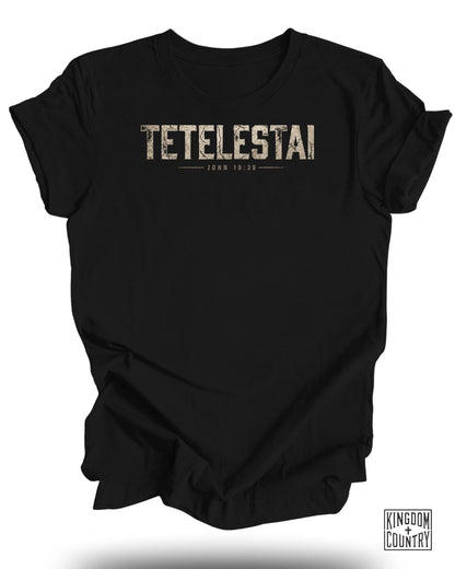 Black t-shirt with "TETEL ESTAI JOHN 19:30" text in distressed font.