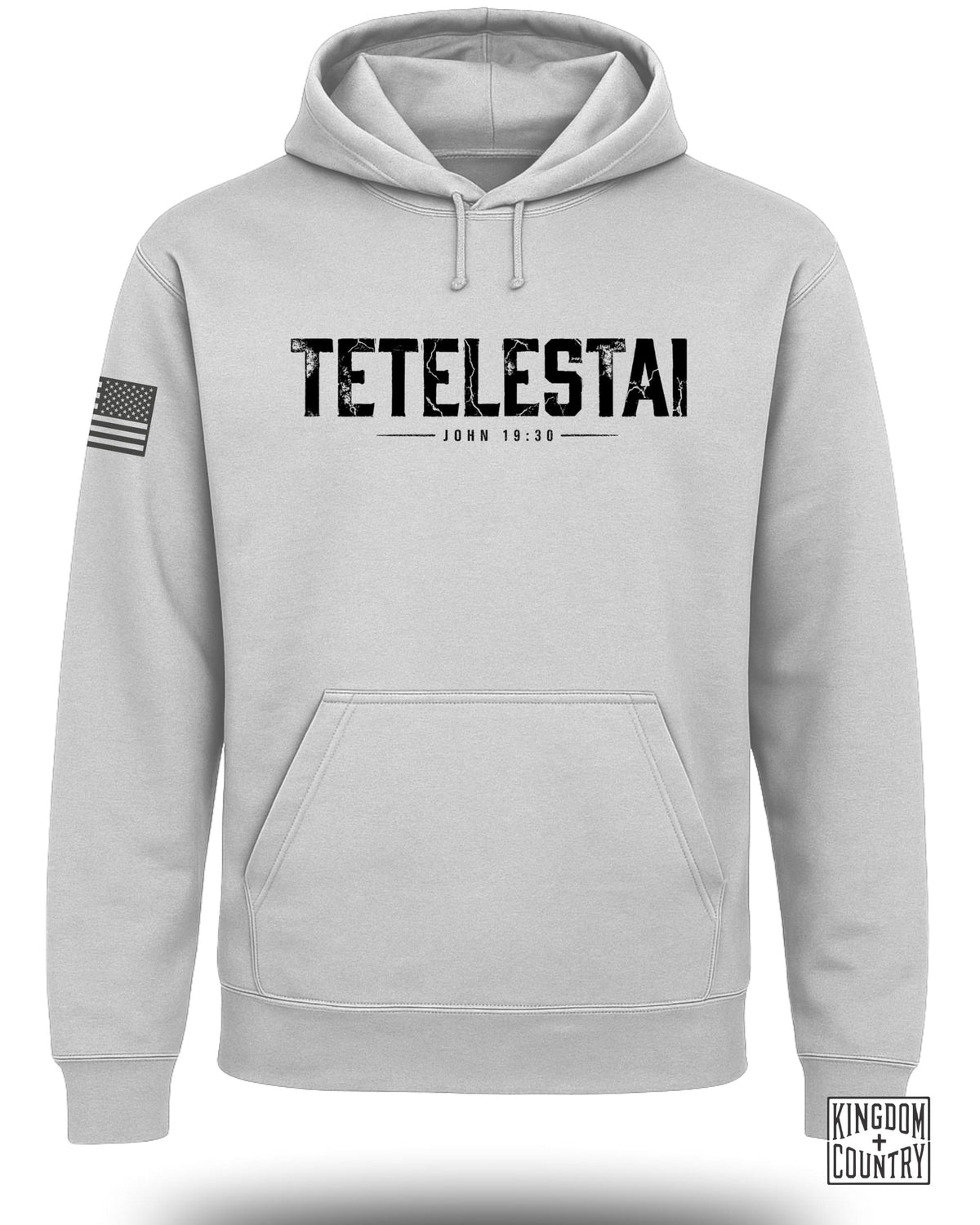 Light gray hoodie with "TETELĒSTAI JOHN 19:30" and US flag patch.