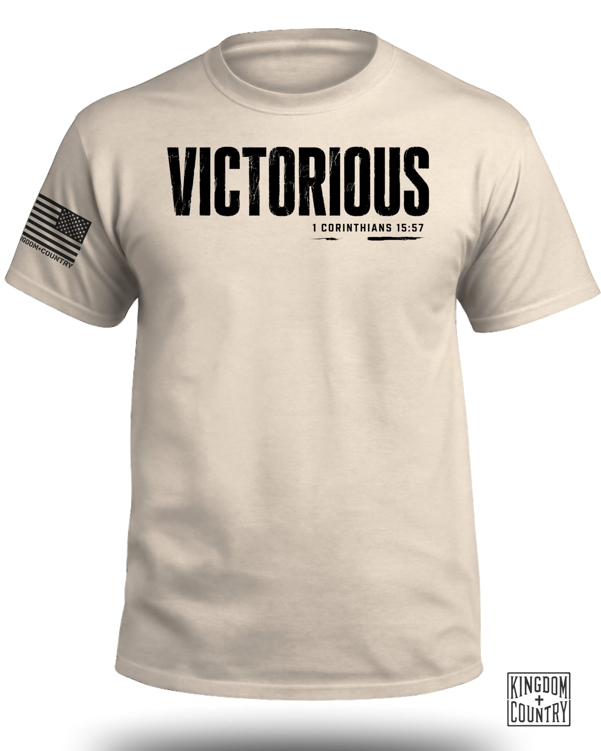 Cream t-shirt with "VICTORIOUS" and "1 CORINTHIANS 15:57" text.
