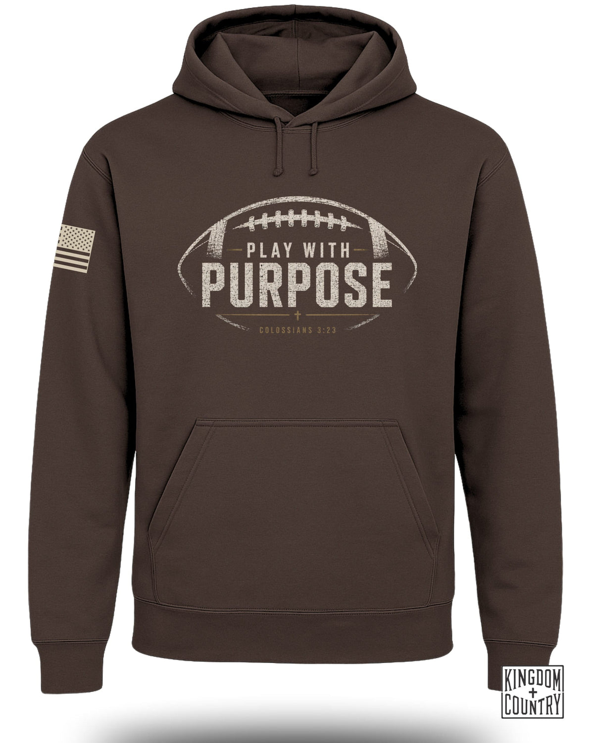 Brown hoodie with football graphic, "Play With Purpose," and "Colossians 3:23."