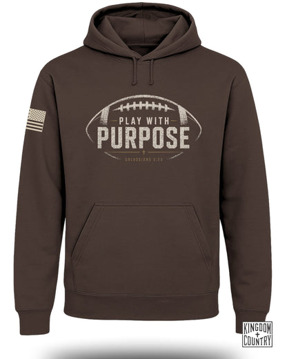Brown hoodie with football graphic, "Play With Purpose," and "Colossians 3:23."