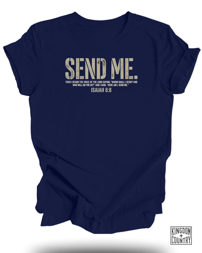 Navy t-shirt with Bible verse "Send Me" from Isaiah 6:8.