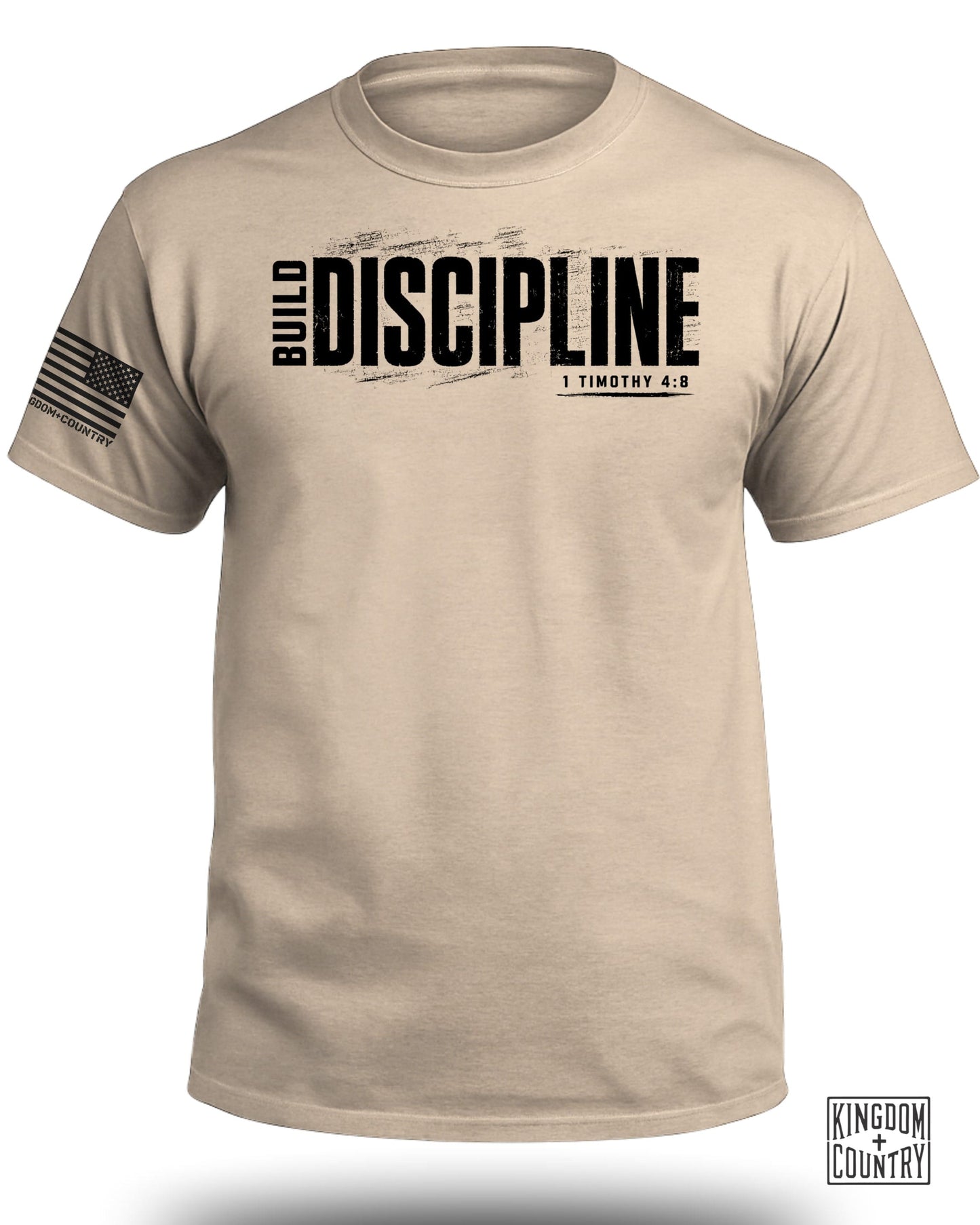 Tan t-shirt with black "BUILD DISCIPLINE" text and "1 Timothy 4:8" verse.