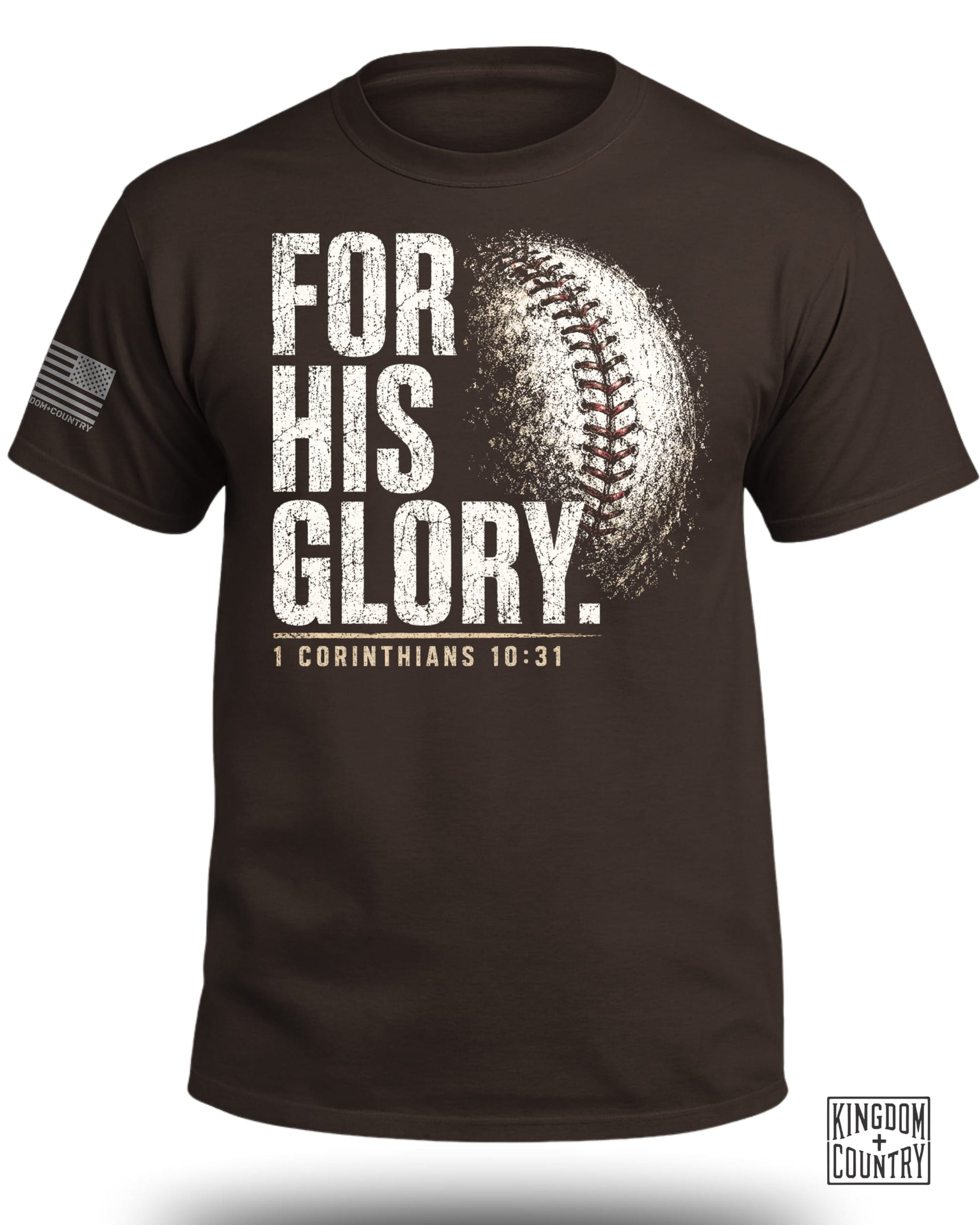 Brown t-shirt with "For His Glory" text and a distressed baseball graphic.