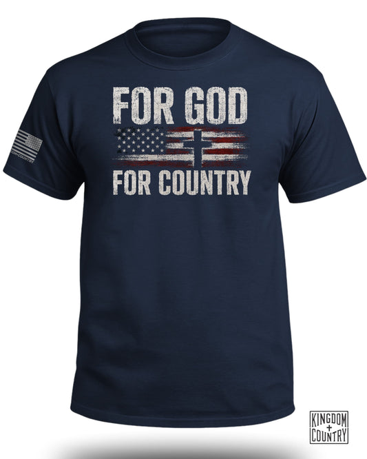 Navy t-shirt with distressed American flag and text "FOR GOD FOR COUNTRY".