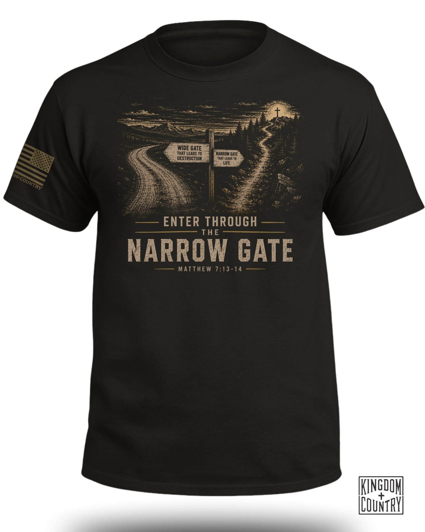 Black t-shirt with a graphic of two diverging paths, "Wide Gate" and "Narrow Gate," with text.