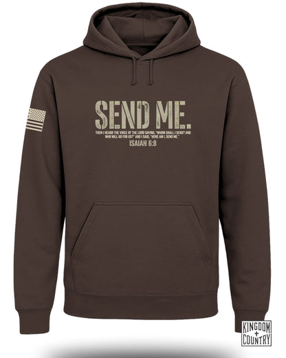 Brown hoodie with "SEND ME" and Isaiah 6:8 Bible verse.