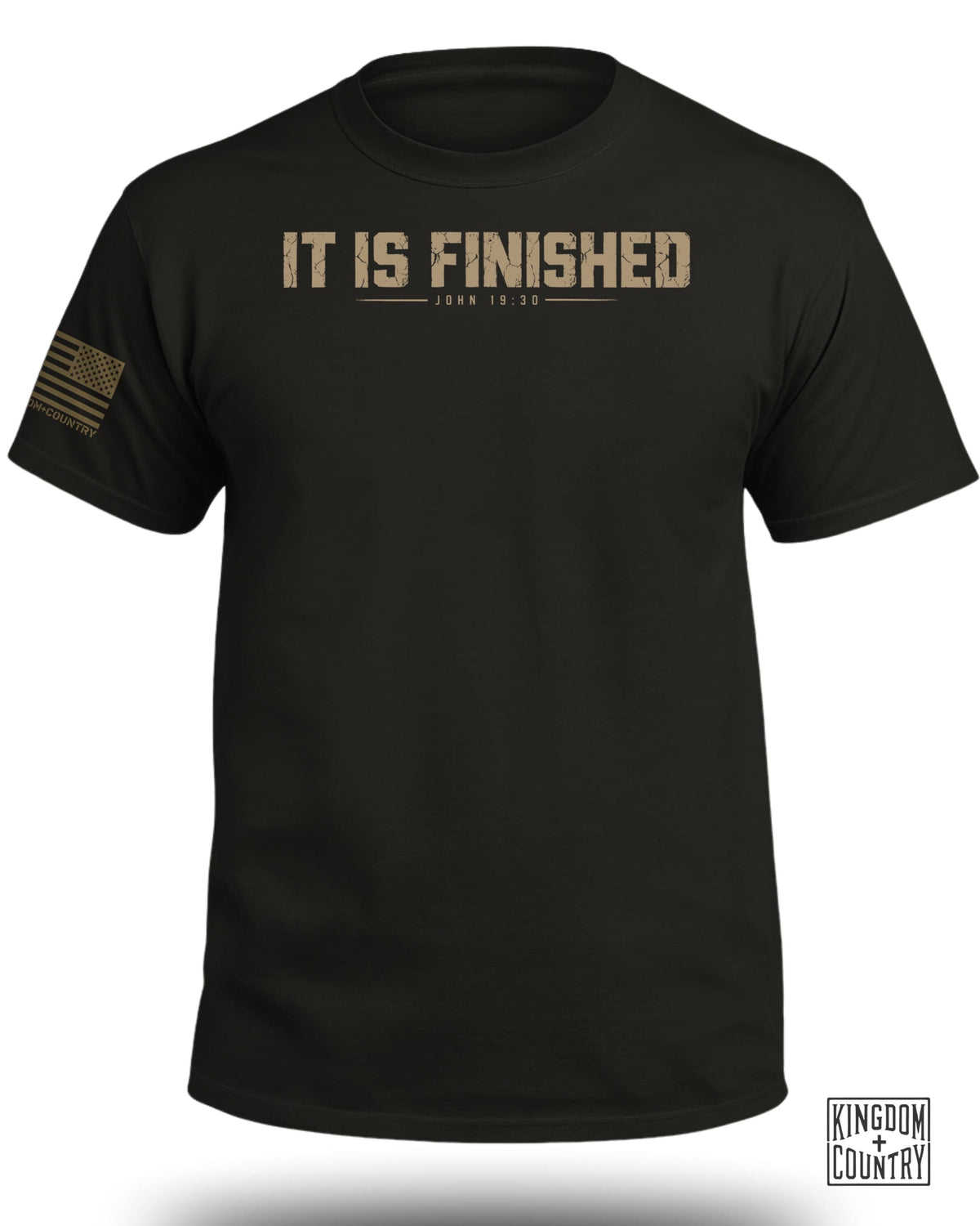 Black t-shirt with "IT IS FINISHED JOHN 19:30" text and U.S. flag detail.