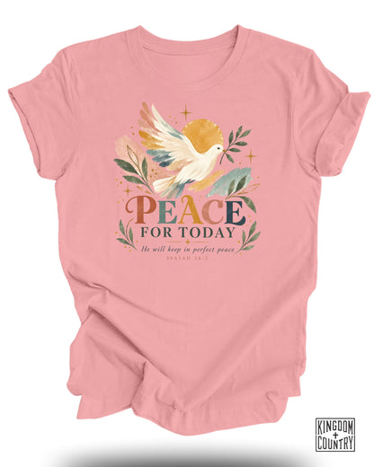 Pink t-shirt with "Peace for Today" text, dove with olive branch, and biblical verse.