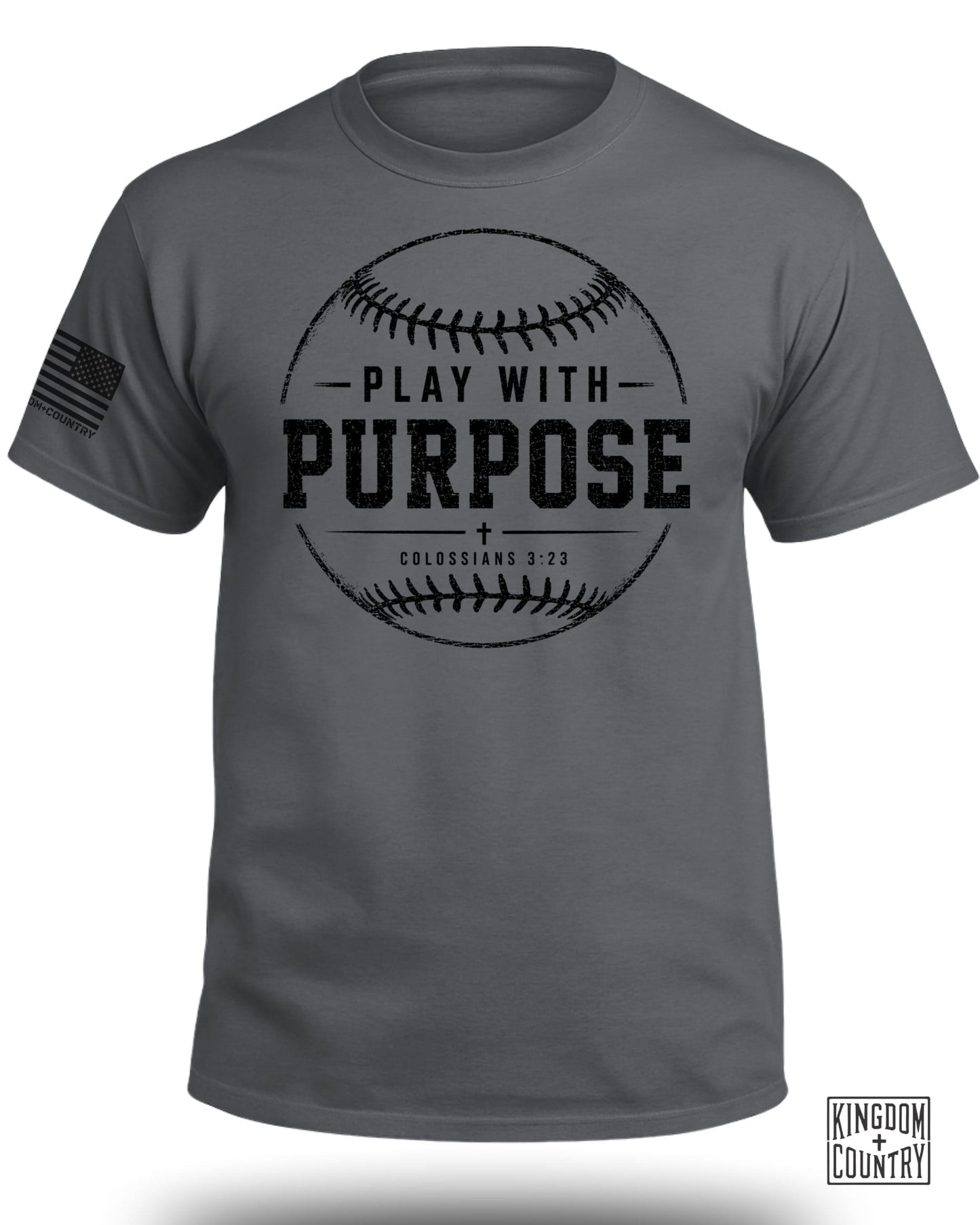 Dark gray t-shirt with baseball graphic: "PLAY WITH PURPOSE COLOSSIANS 3:23".