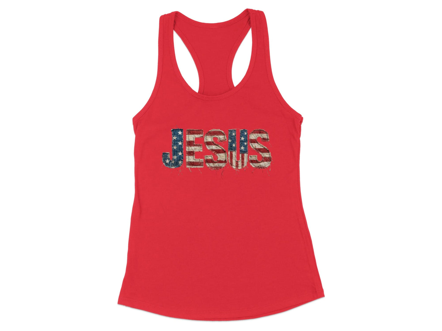 Red tank top with "JESUS" text in American flag design.