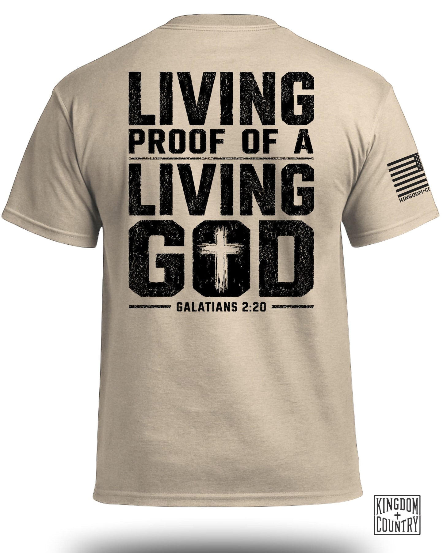 Tan t-shirt with black text reading "LIVING PROOF OF A LIVING GOD GALATIANS 2:20".