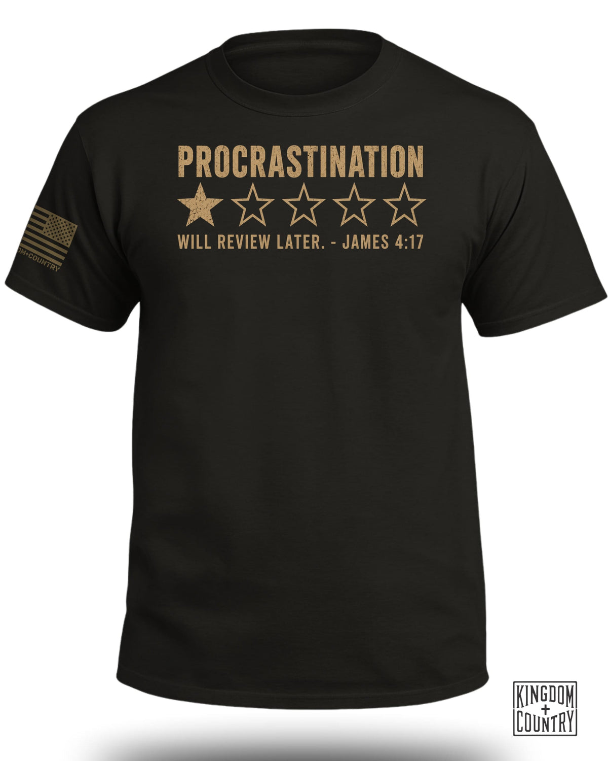 Black t-shirt with "PROCRASTINATION" and one star, "WILL REVIEW LATER. - JAMES 4:17".