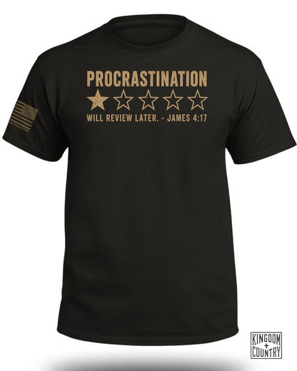 Black t-shirt with "PROCRASTINATION" and one star, "WILL REVIEW LATER. - JAMES 4:17".