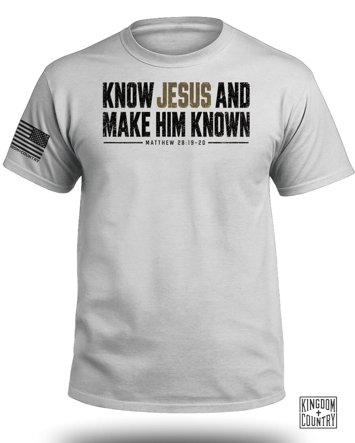 White t-shirt with "KNOW JESUS AND MAKE HIM KNOWN" and scripture reference.