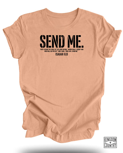 Peach t-shirt with "Send Me. Isaiah 6:8" in black text.