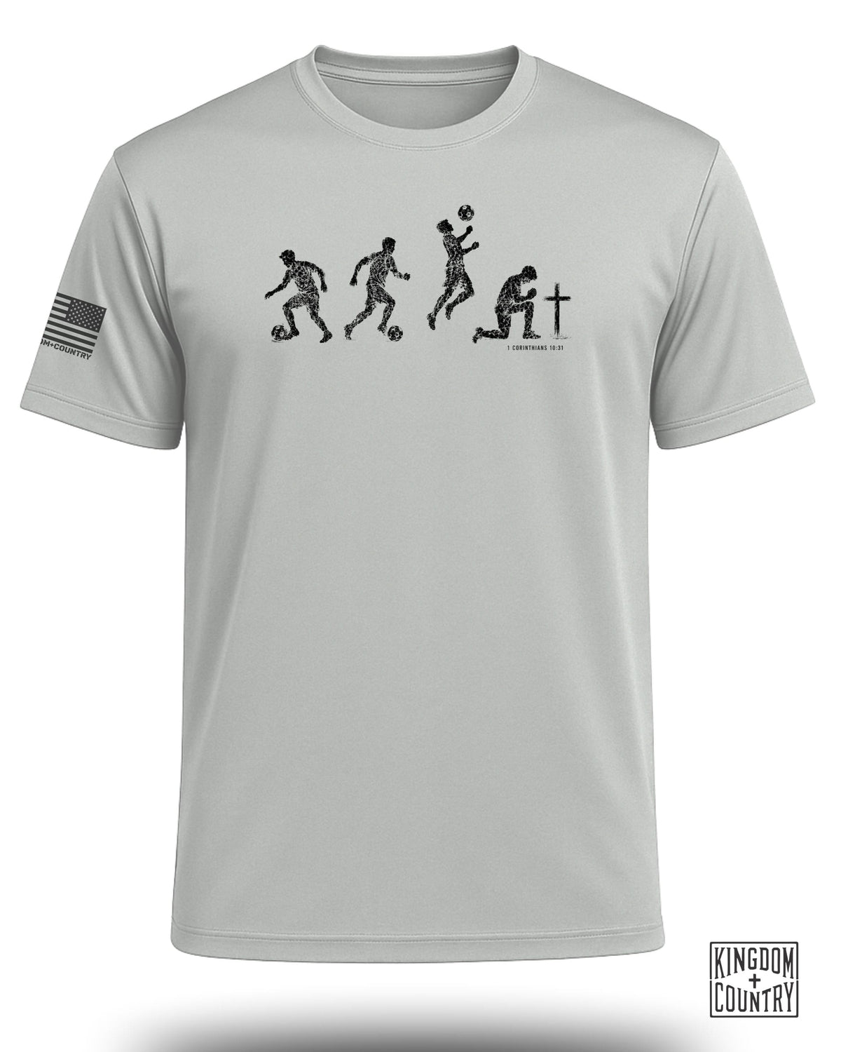 T-shirt graphic of soccer players in progression with a cross and "1 Corinthians 10:31".
