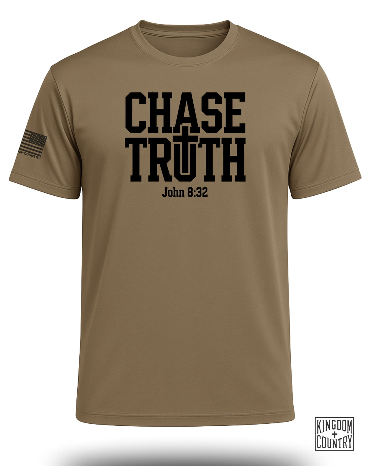 Tan t-shirt with black text "CHASE TRUTH John 8:32" and American flag.