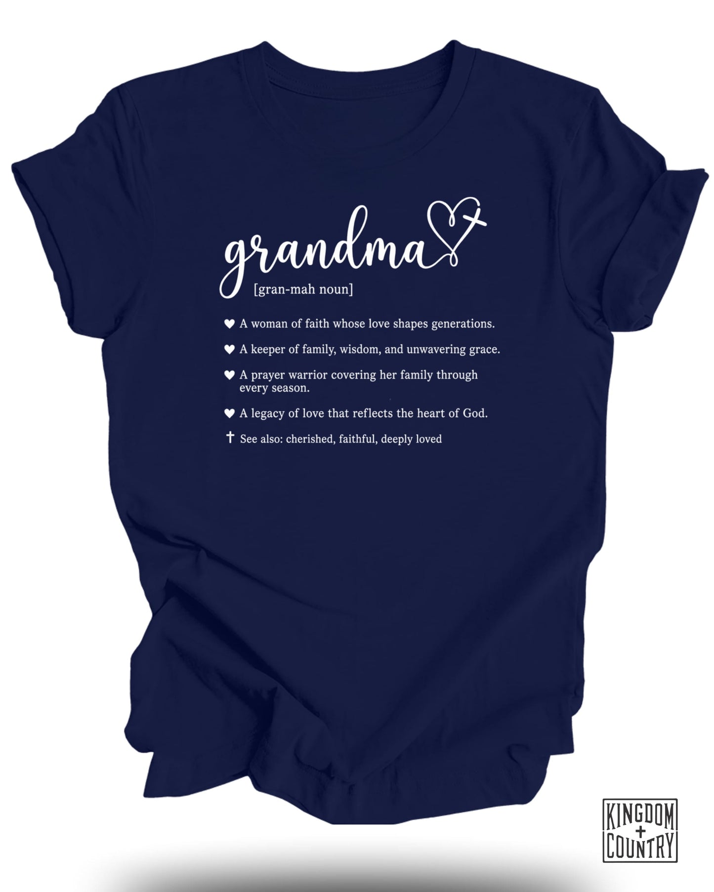 Navy t-shirt with "Grandma [gran-mah noun]" and descriptive phrases.