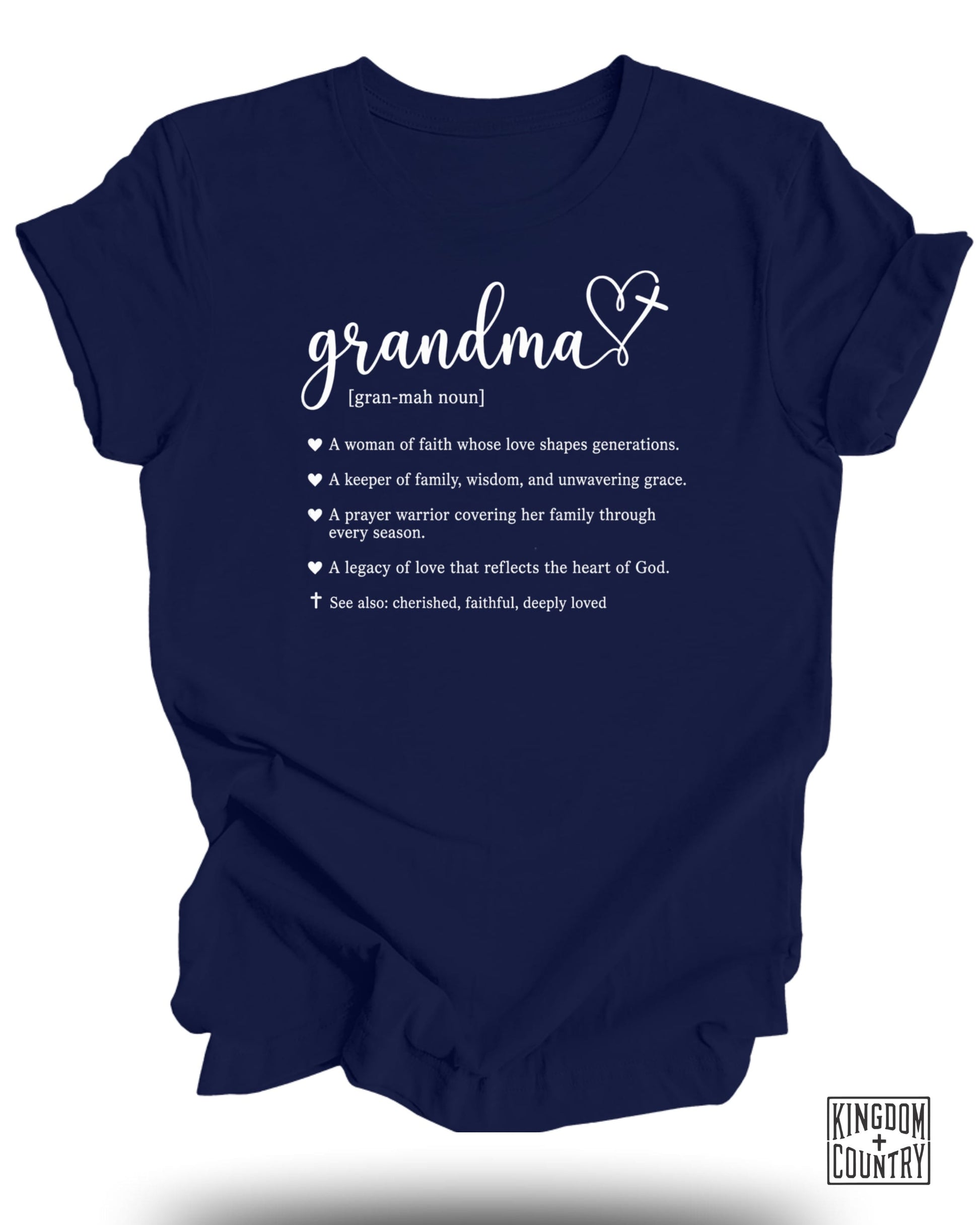 Navy t-shirt with "Grandma [gran-mah noun]" and descriptive phrases.