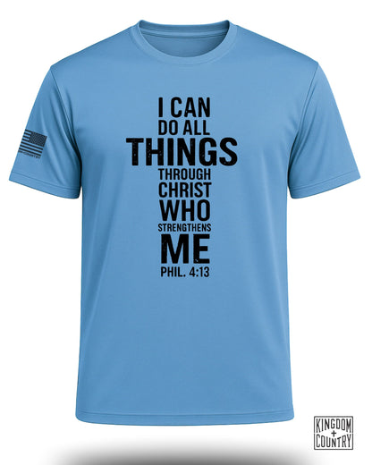 Light blue t-shirt with "I CAN DO ALL THINGS THROUGH CHRIST WHO STRENGTHENS ME PHIL. 4:13" text.
