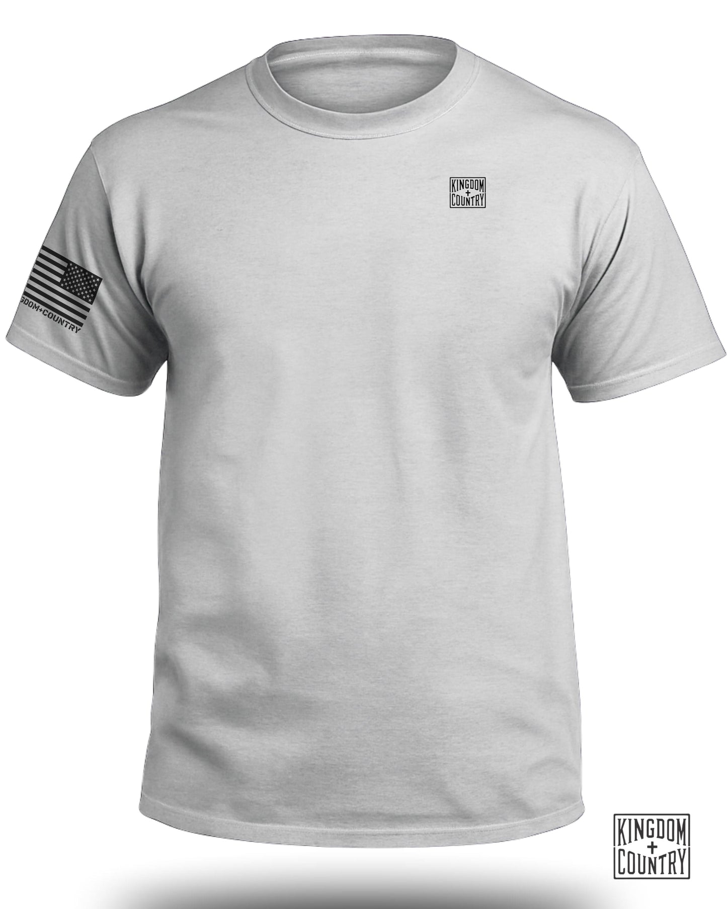 White t-shirt with Kingdom + Country logo and American flag on sleeve.