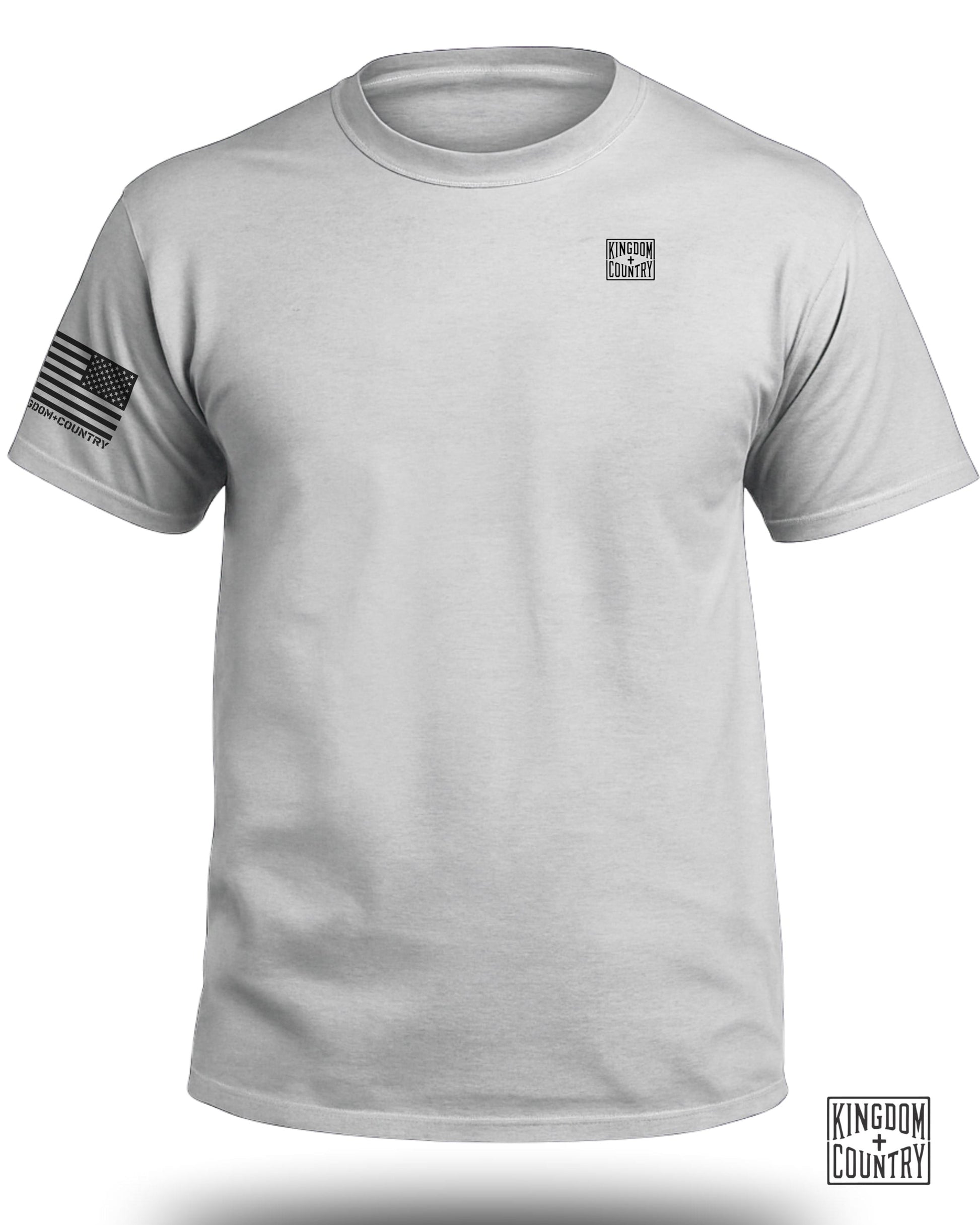 White t-shirt with Kingdom + Country logo and American flag on sleeve.