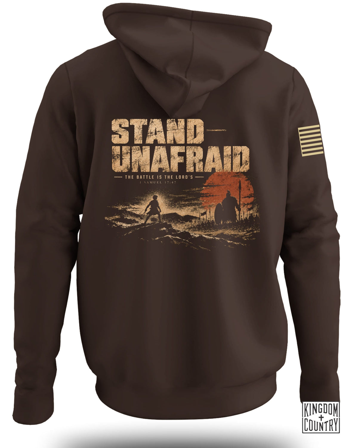 Brown hoodie with "STAND UNAFRAID" text and biblical verse graphic.