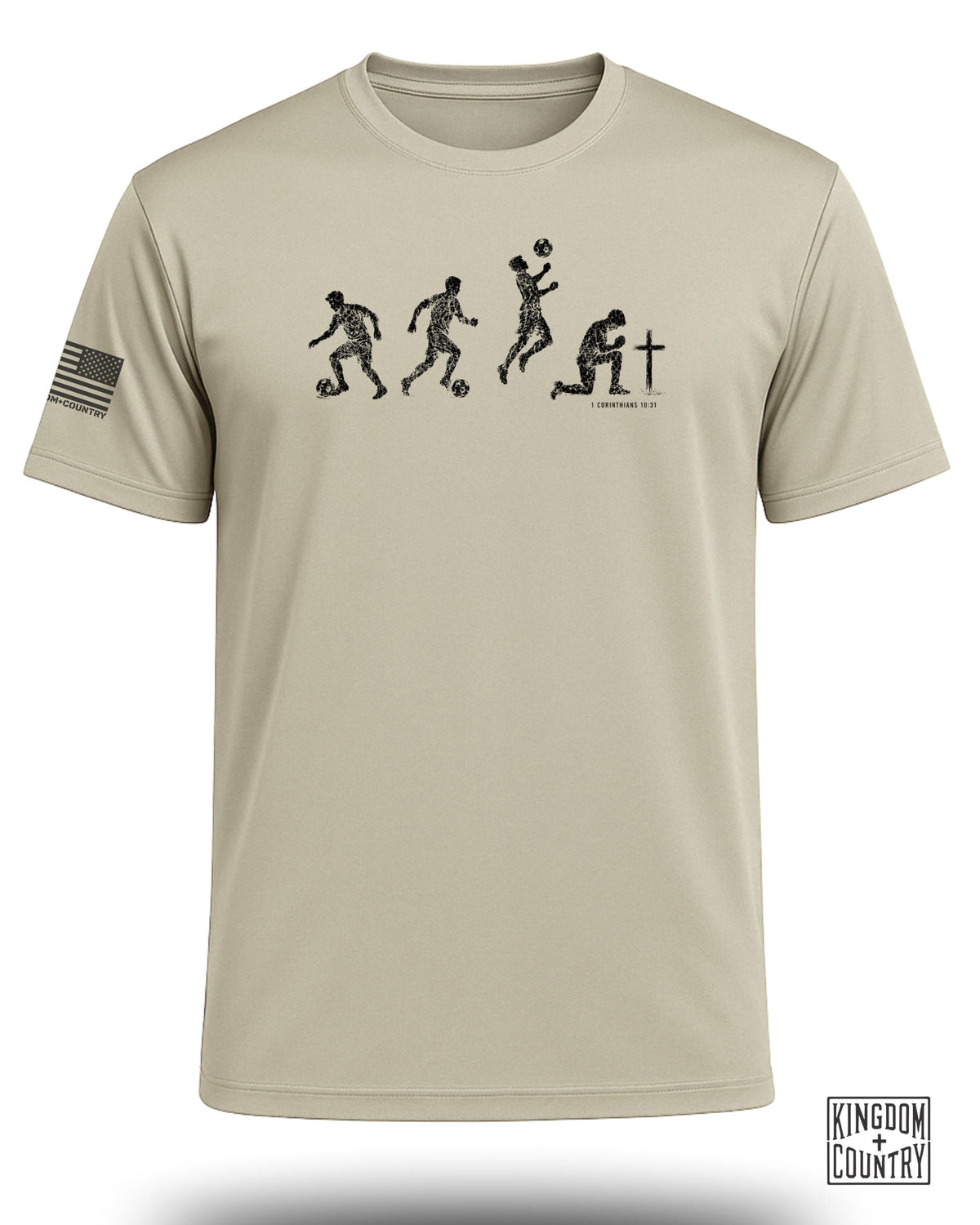 T-shirt with black soccer player evolution graphic and "KINGDOM COUNTRY" logo.